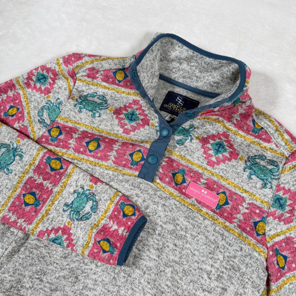 Simply Southern Crab Aztec Print Fleece Pullover Sweatshirt Women's Size Medium